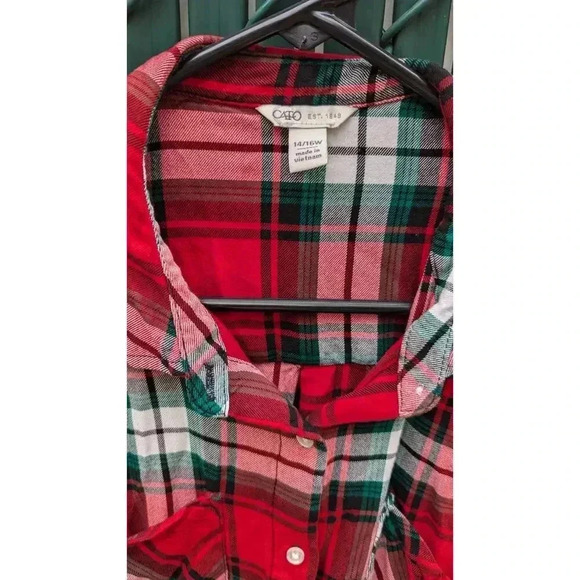 Women's plaid flannel button down shirt dress w/roll tab sleeves, Cato sz 14/16W - Picture 2 of 6